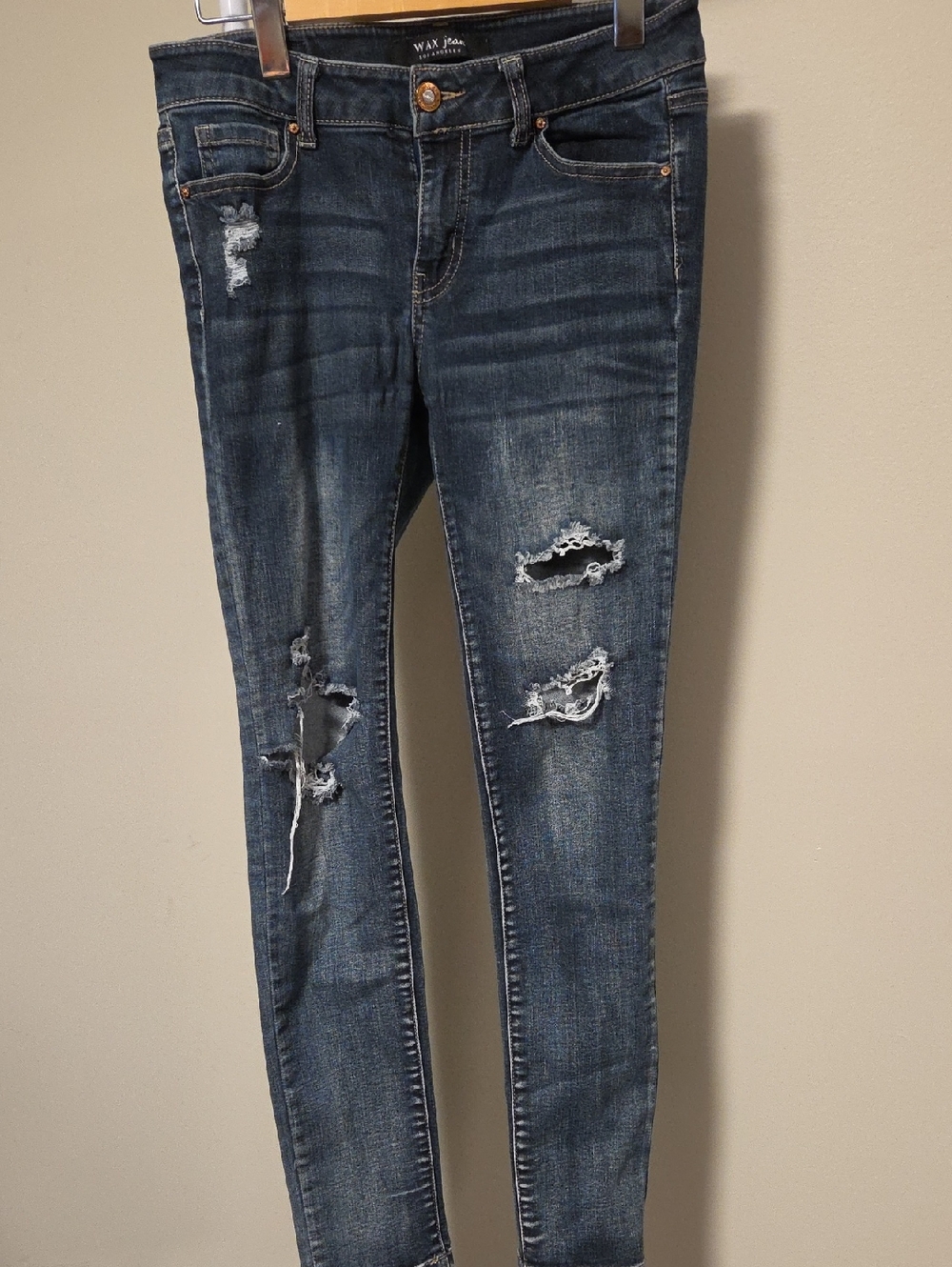 Wax Jean Distressed Skinny Jeans in Dark Blue Wash